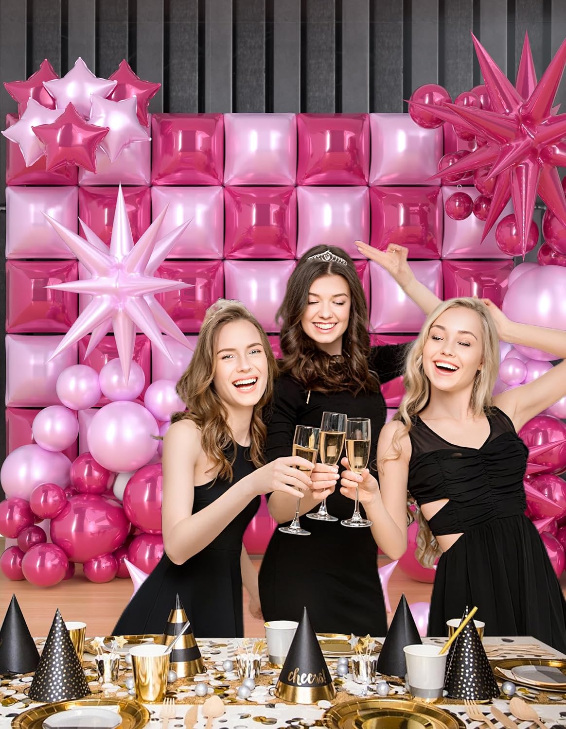 155pcs Breast Cancer Awareness Balloon Arch Kit, Hot Pink and Pink Balloon, 36pcs Square Foil Balloons Wall Backdrop for Anniversary Bachelorette Birthday Valentines Party Decorations