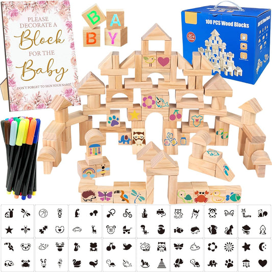 141 Pcs Baby Shower Game Sign Set Includes Decorative Square Signs 100 DIY Blank Wooden Blocks 20 Paint Markers(Flower)