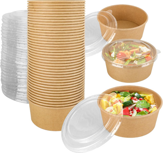 50 Pack 25 oz Paper Bowls with Lids, Disposable Soup Bowls, Heavy-Duty Salad Bowls, in Food Grade Kraft Paper Made, Eco-Friendly Durable No Leakage for Camping, Food Party Dessert Serving Bowls