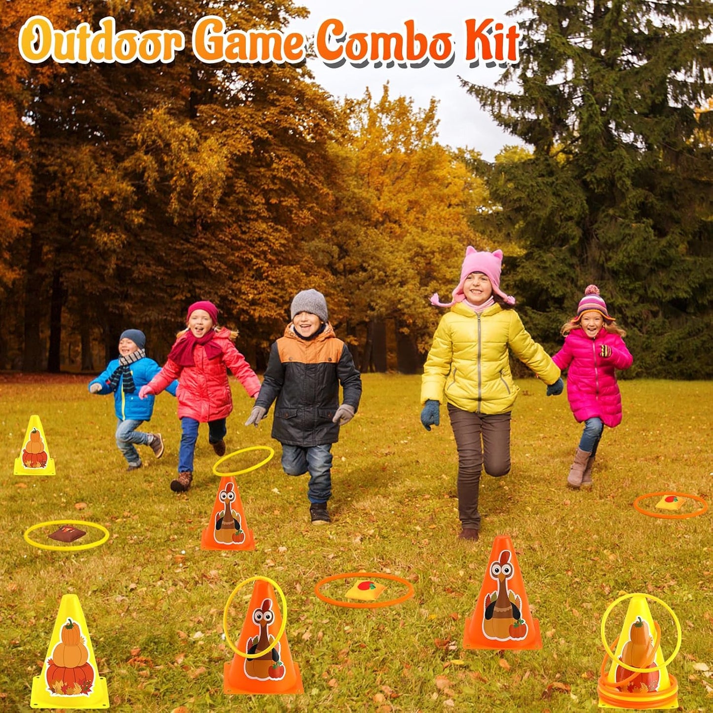 4 in 1 Fall Festival Thanksgiving Party Games with Ring Toss, Plastic Cones, Bean Bags, 3-Legged Race Bands, Thanksgiving Games for Family Boy Girl Adult Carnival Friendsgiving Outdoor Yard Activities