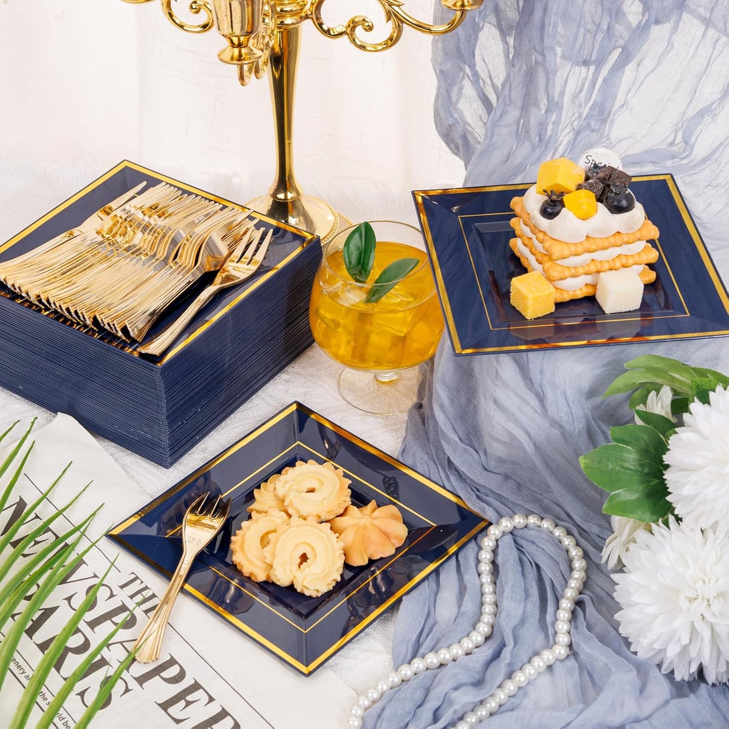 WDF 200PCS Blue Plastic Dessert Plates with Plastic Forks -6’’ 100 Square Disposable Appetizer Plates Small Cake Plates with Gold&100 Navy Blue Small Appetizer Forks