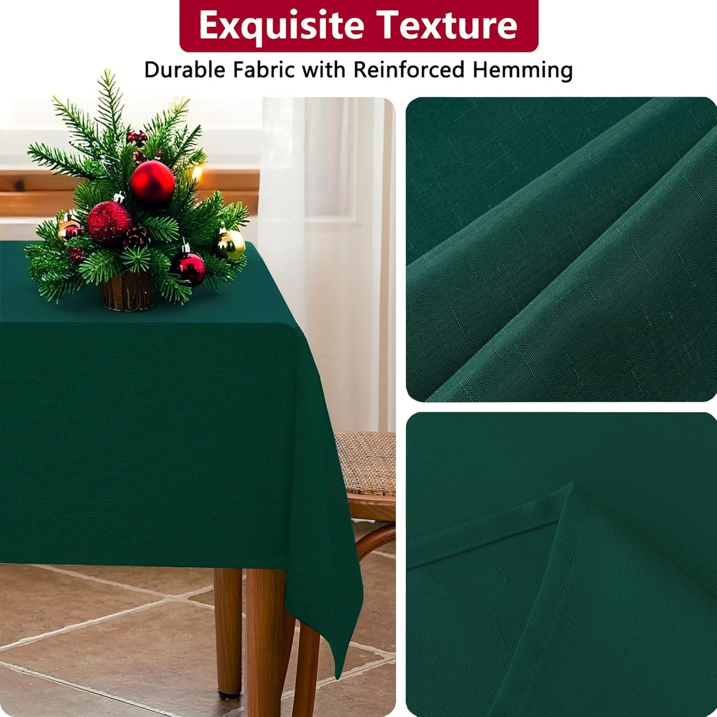 Fabric Christmas Rectangle Tablecloth, Faux Linen Textured Rectangular Table Cloth, Water Resistant & Washable for Dinig Party Holiday Decoration, Green, 60 x 102 Inch