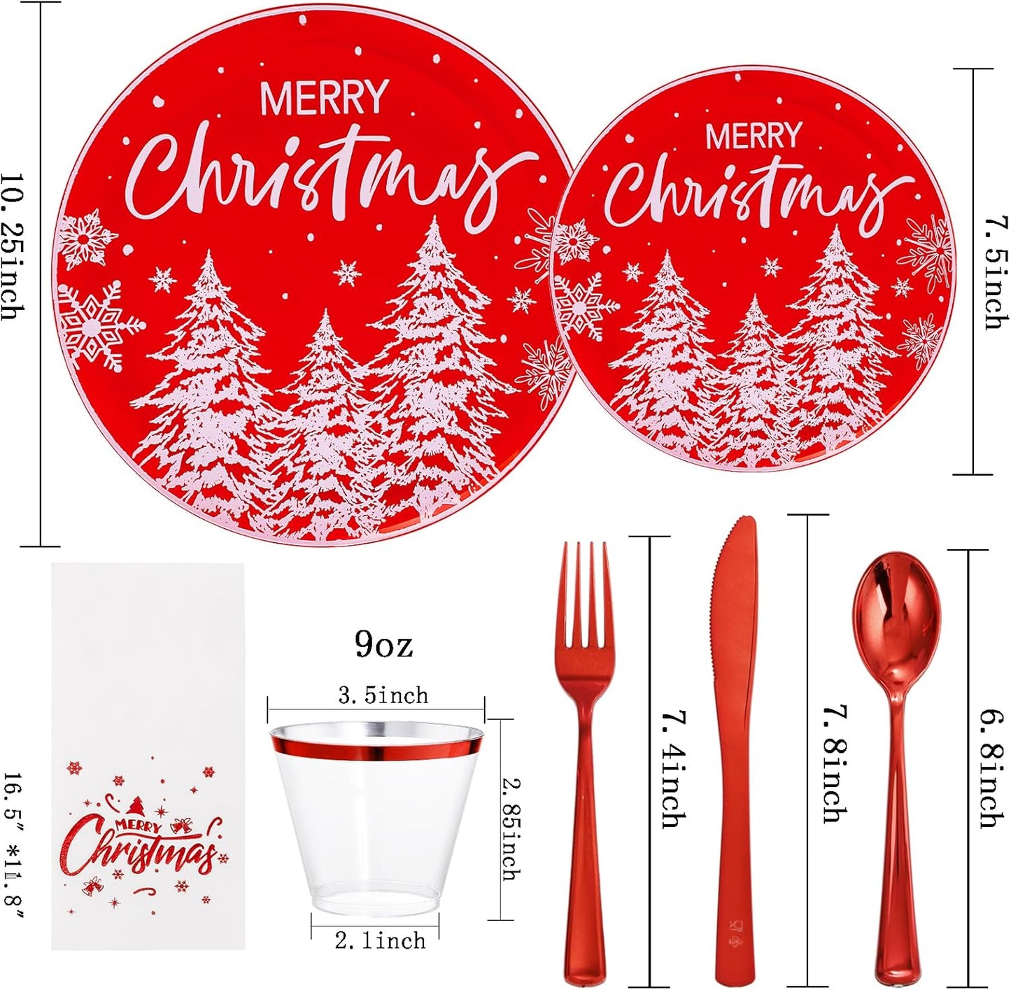 I00000 210Pcs Christmas Plastic Plates - Red Disposable Plates with Red Plastic Silverware Include 60 Plates, 30 Forks, 30 Knives, 30 Spoons, 30 Cups, 30 Napkins for Xmas Party
