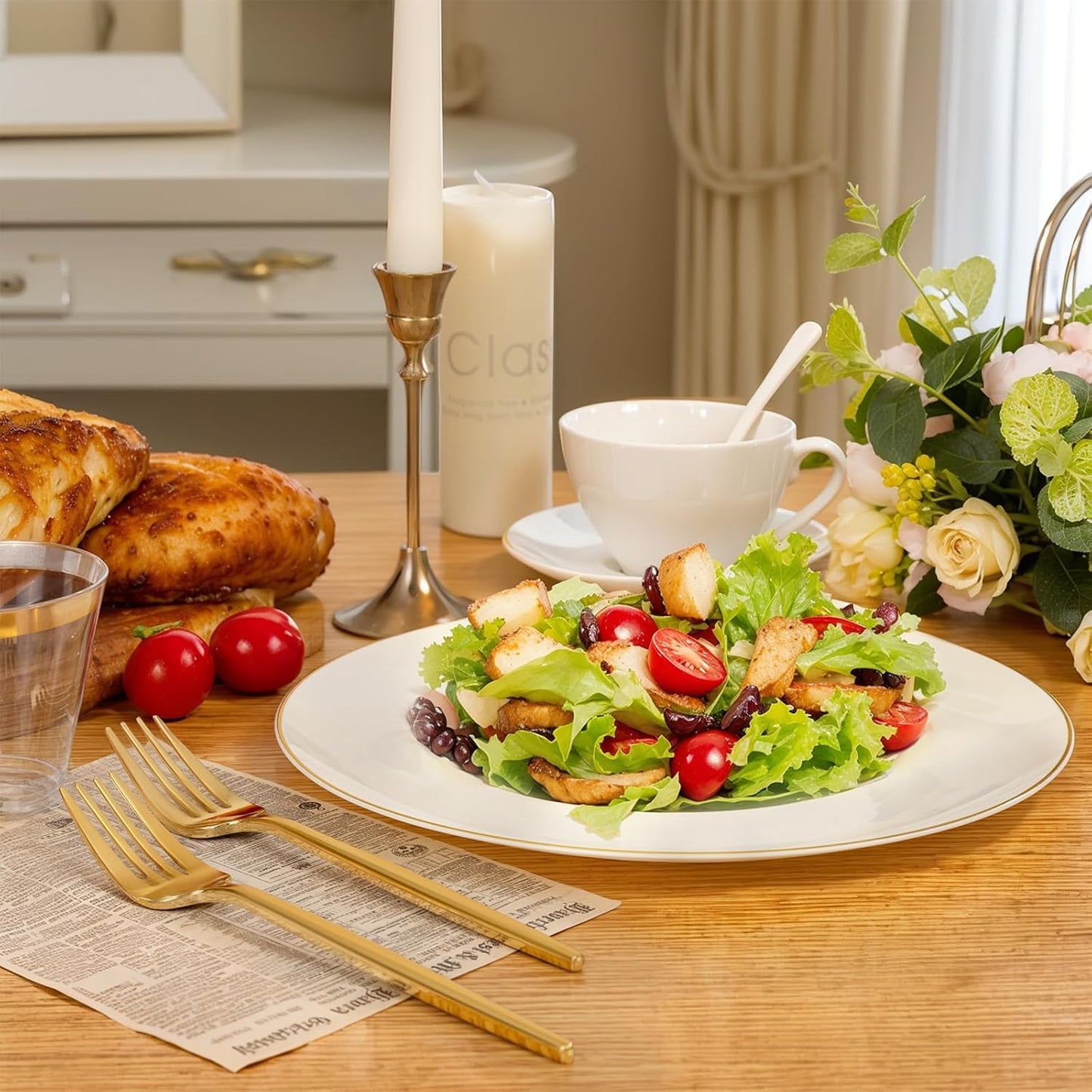 PULOTE 100PCS Ivory Plastic Plates - Cream Plastic Disposable Heavy Duty for Party & Thanksgiving - Include 50 Each (Dinner & Dessert) Plates