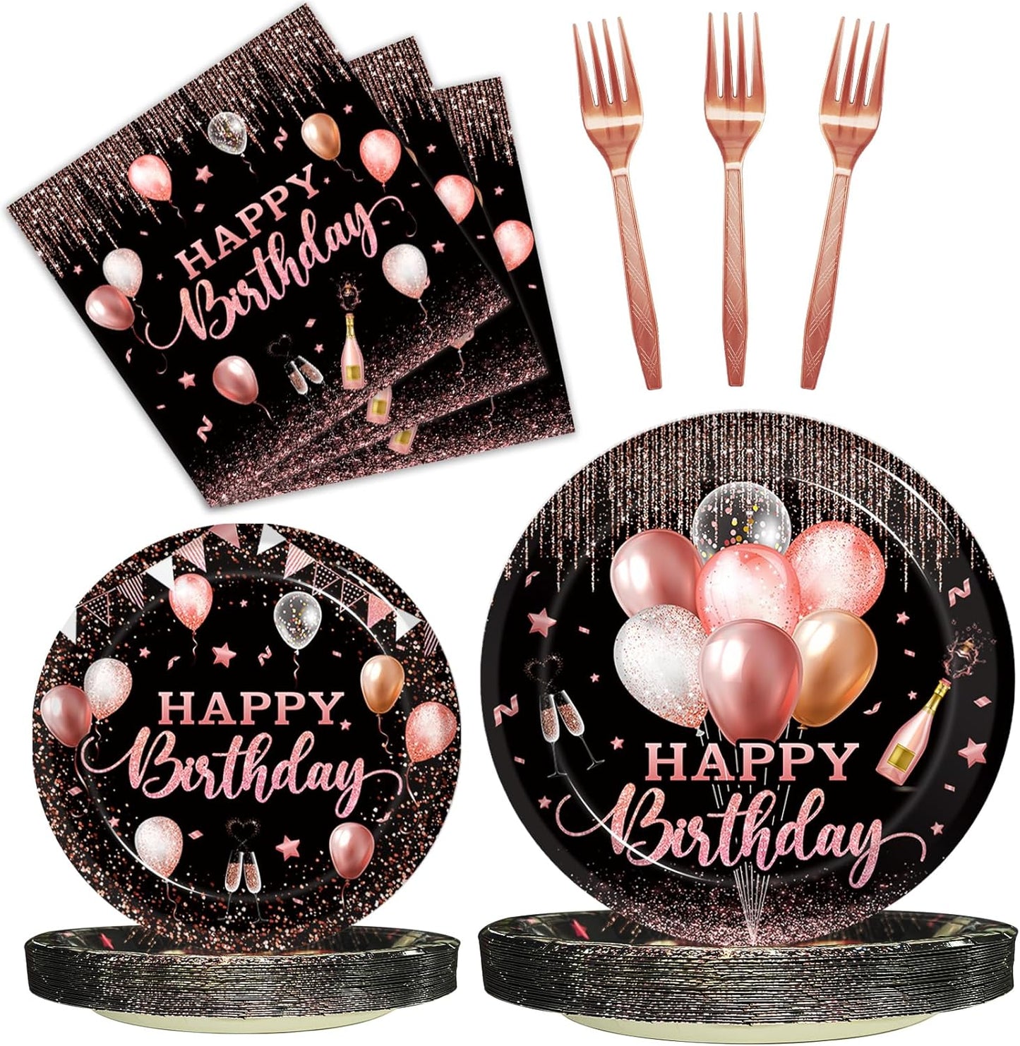96 Pcs Rose Gold Birthday Plates and Napkins Party Supplies for Women Paper Pink Girls Glitter Happy Birthday Party Disposable Tableware Set Decorations Favors, Serves 24