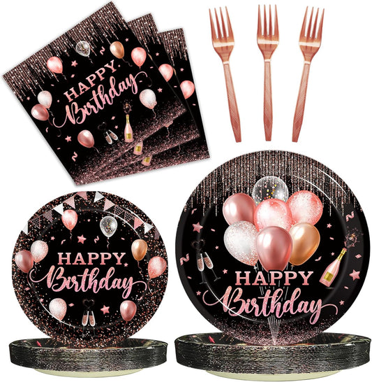 96 Pcs Rose Gold Birthday Plates and Napkins Party Supplies for Women Paper Pink Girls Glitter Happy Birthday Party Disposable Tableware Set Decorations Favors, Serves 24