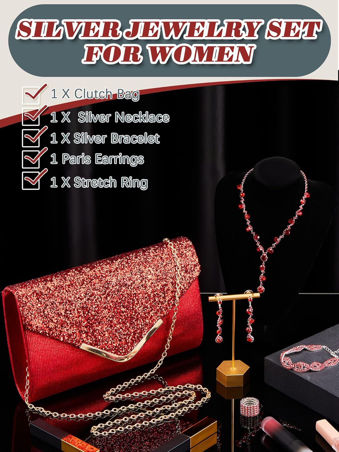 Henoyso 5 Pcs Purse Rhinestone Jewelry Set Prom Jewelry Rhinestone Clutch Purse Necklace Earrings Bracelets for Women Bride