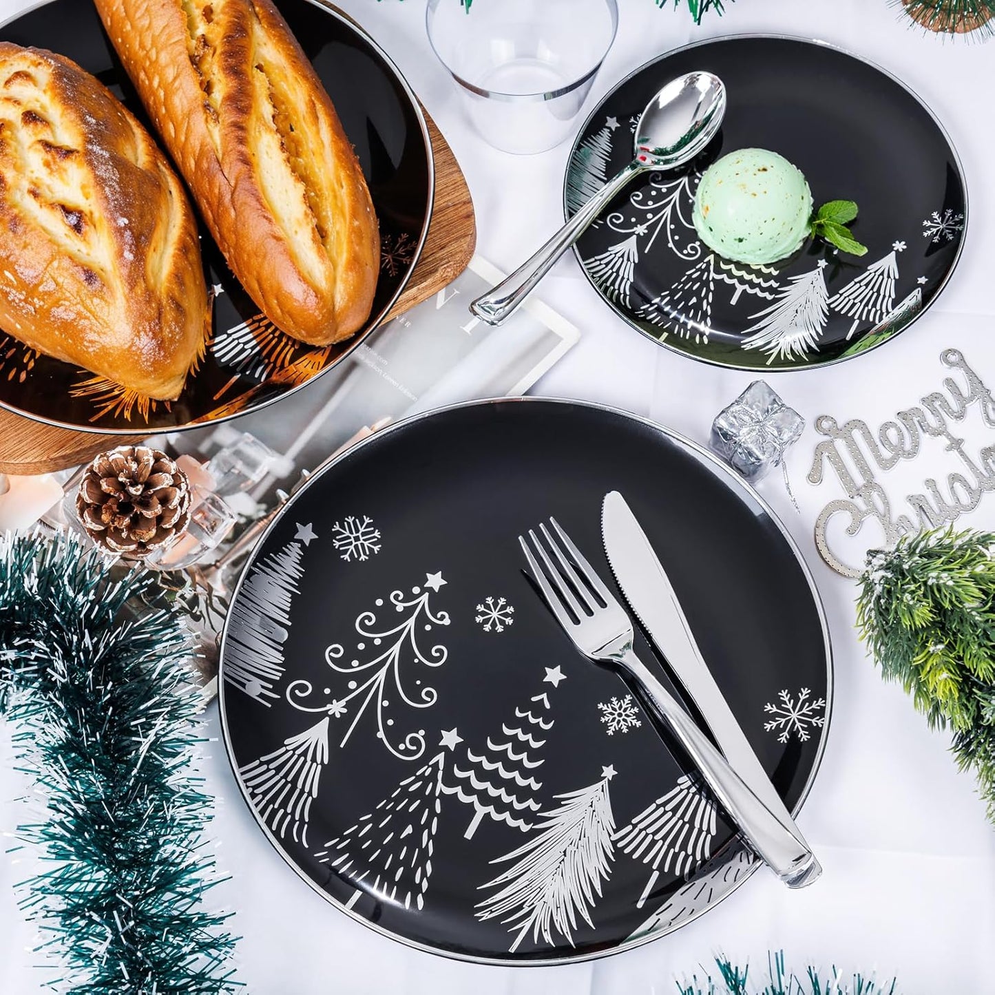KIRE 150PCS Christmas Plates Disposable & Dinnerware Set for 25 Guests - Black & Silver Plates, Plastic Silverware & Cups With Silver Rim for Christmas Party Supplies