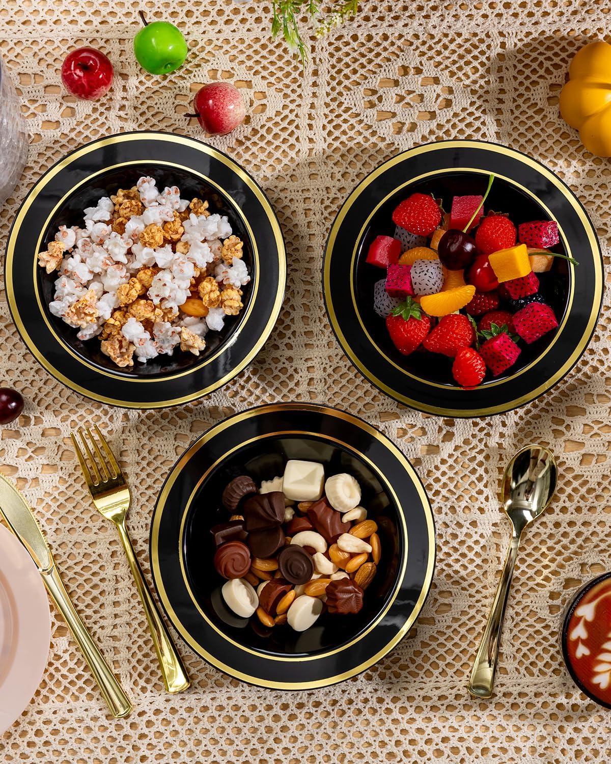 50 Pack Black Disposable Bowls with Gold Rim, 12oz Black Plastic Soup Bowls for Party, Wedding, Holiday,And Halloween