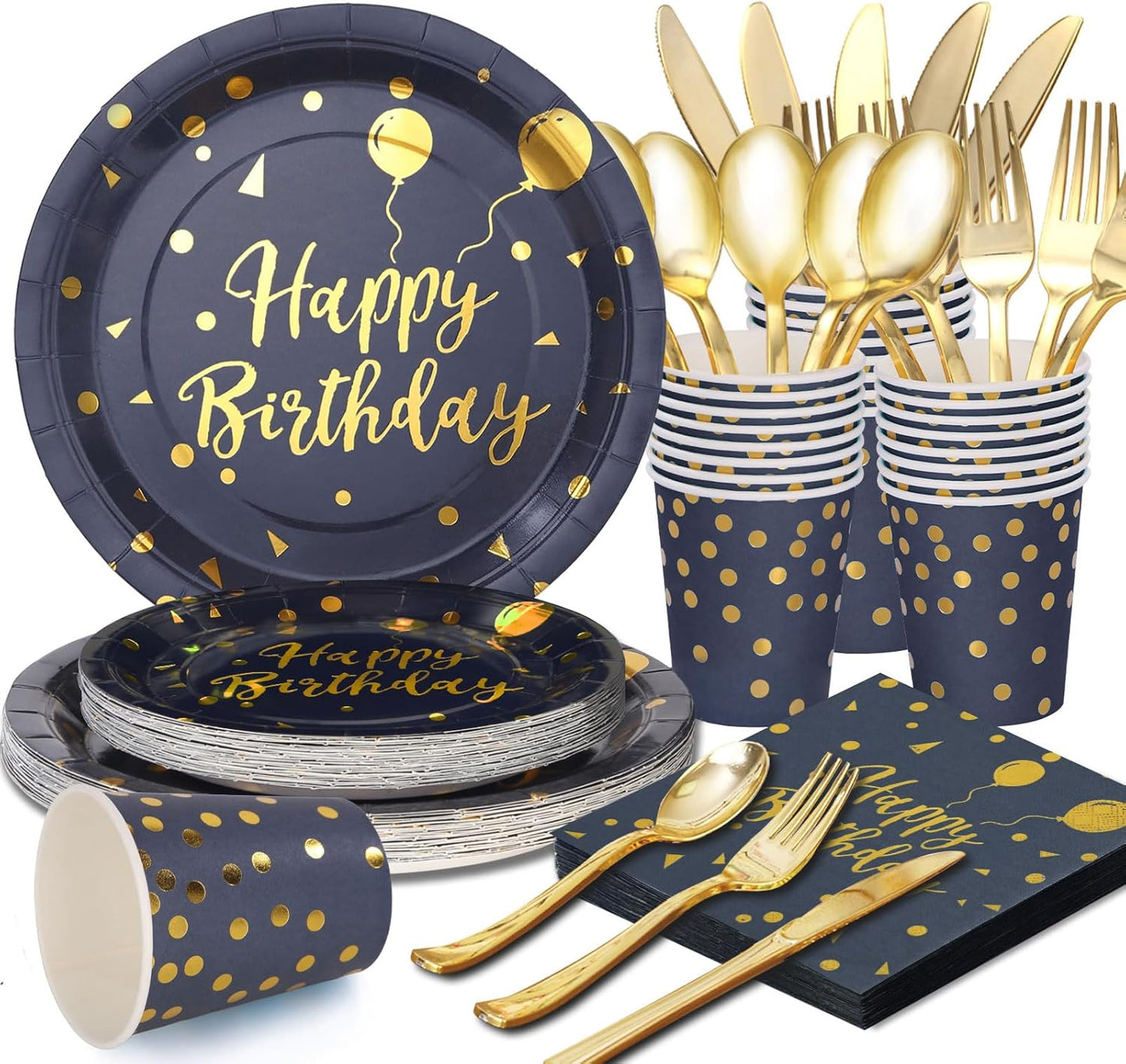 175 Pcs Blue Birthday Plates and Napkins Party Supplies - Blue and Gold Paper Plates and Cups and Napkins Sets for Men Happy Birthday Party Decorations, Serves 25