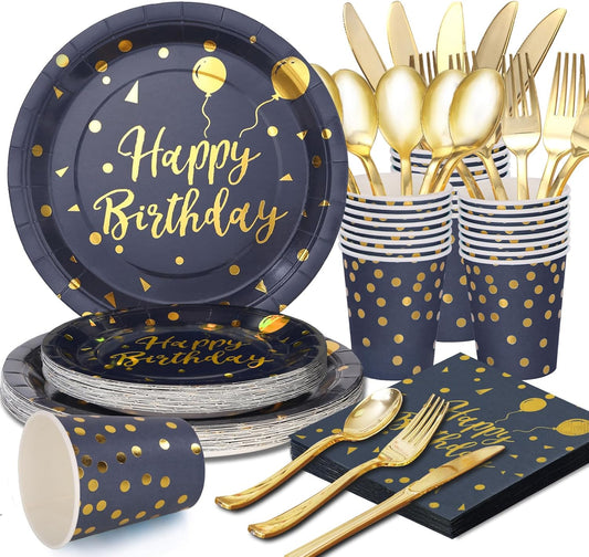 175 Pcs Blue Birthday Plates and Napkins Party Supplies - Blue and Gold Paper Plates and Cups and Napkins Sets for Men Happy Birthday Party Decorations, Serves 25