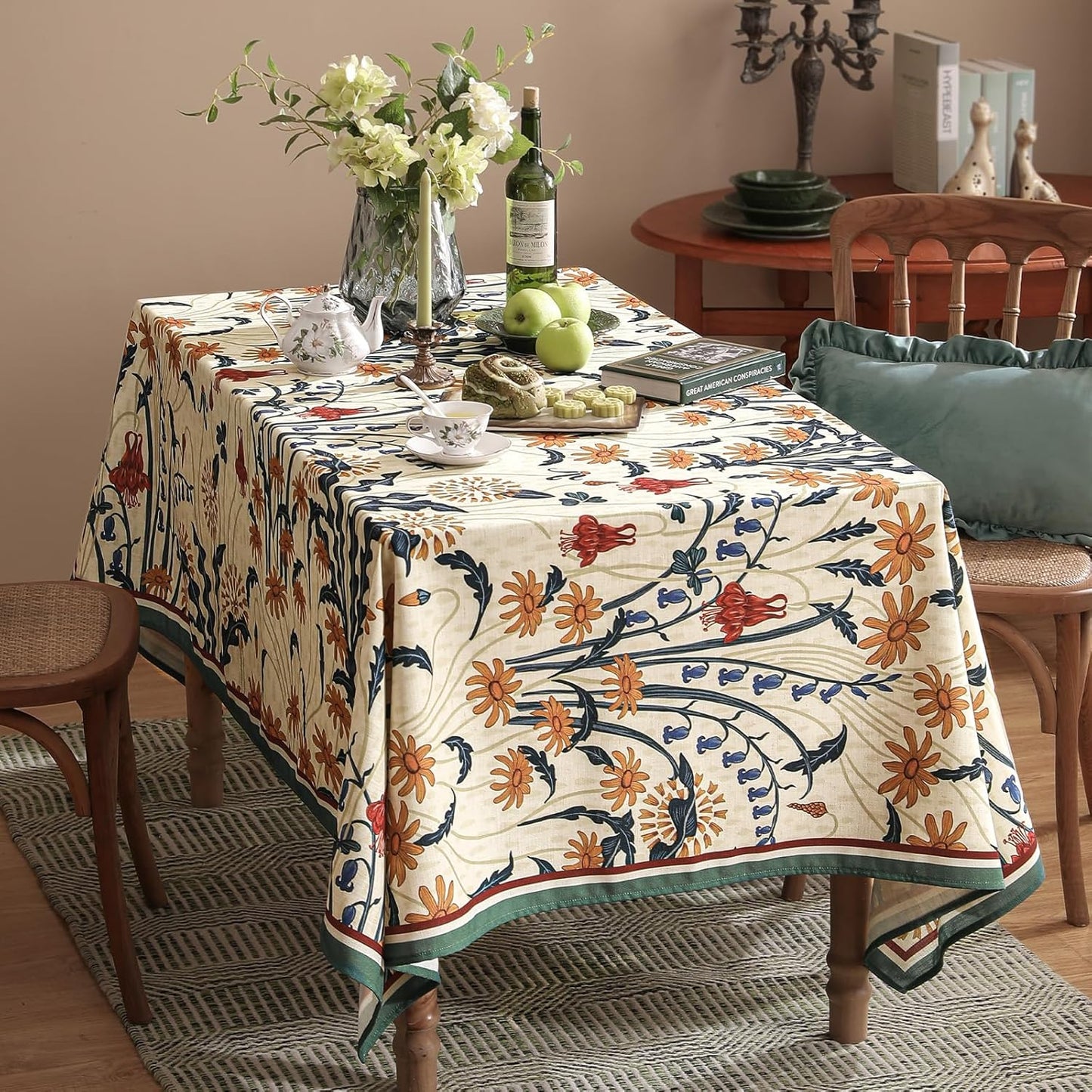 French Vintage Small Square Tablecloth,Linen Tablecloth with Gold and Red Floral Pattern,Decorative Table Cover for Kitchen,Dining,Thanksgiving,Christmas,Party,55"*55"-Tijuana