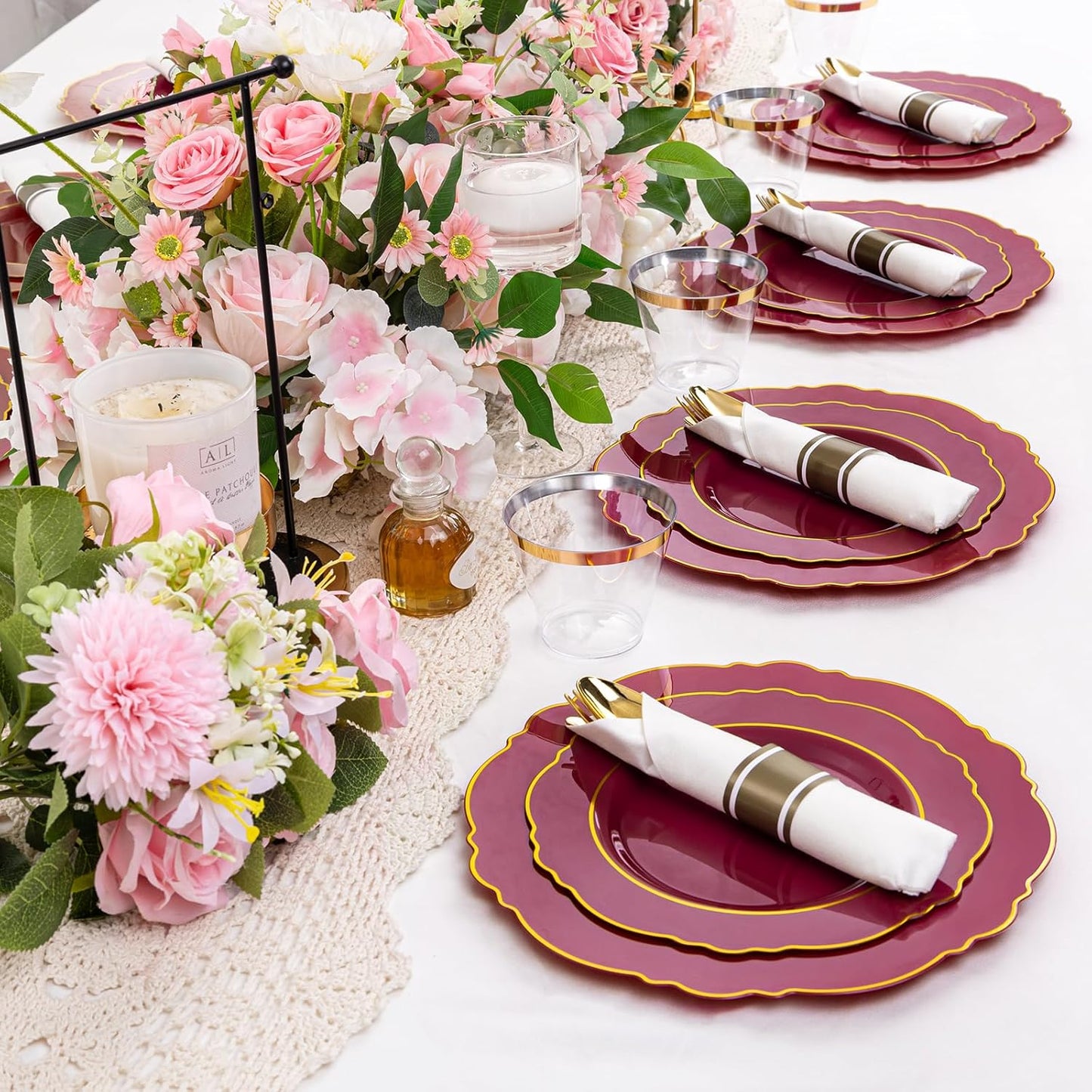 Liacere 350PCS Red Plastic Plates-Disposable Burgundy Red and Gold Plates 50guest Baroque Plastic Dinnerware include 100Plates, 50Pack Pre Rolled Napkins with Silverware 50Cups for Christmas