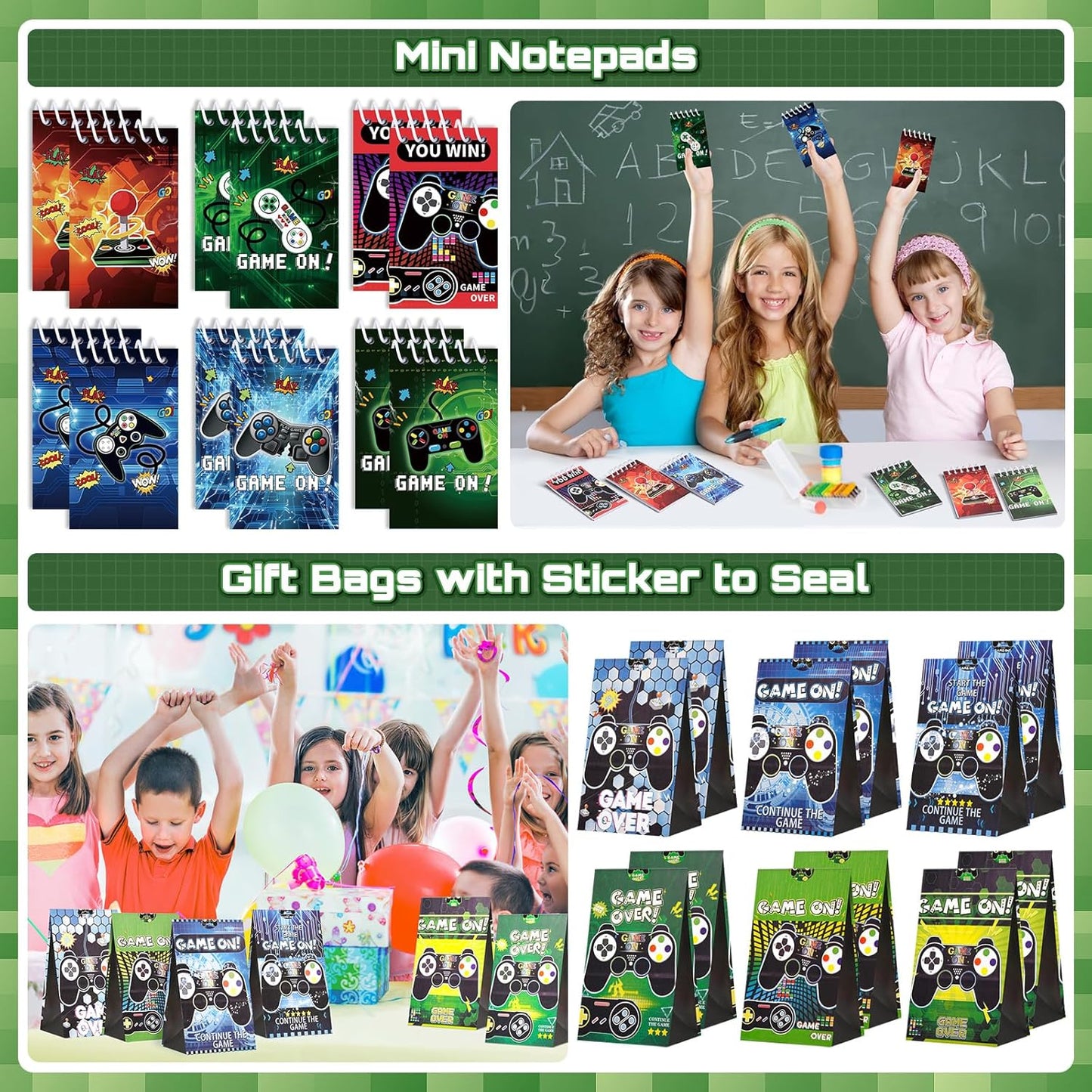 Video Game Party Favors for Kids: Pixel Theme Goodie Bags Stuffers Birthday Party Supplies, Bracelets, Keychain, Sunglasses, Notepads, Stickers, Gift Bags Serves 12 Boy Girl Birthday Party Decorations