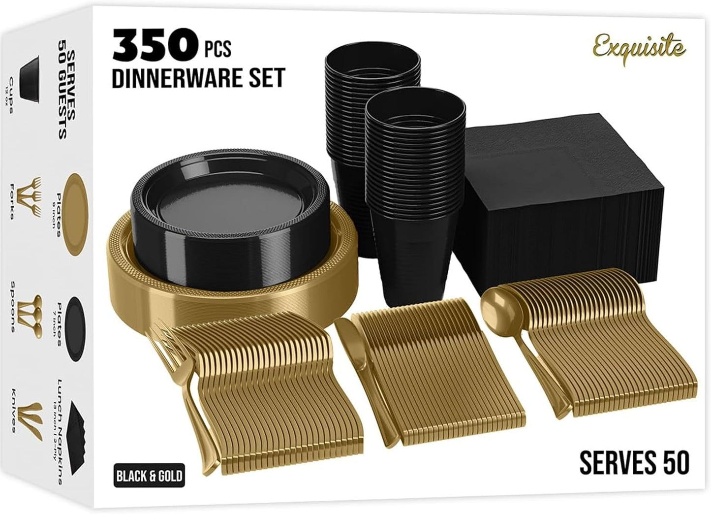 350 Pcs Black & Gold Plastic Plates For Party, Black & Gold Disposable Plates Set, 50 Of Each 9" Dinner Plate Set, 7" Dessert Plate, Cups, Napkins & Cutlery Plastic Dinnerware Exquisite