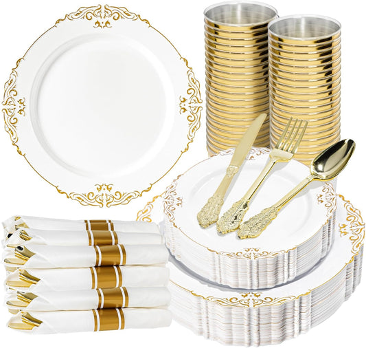 350PCS Gold and White Plastic Plates, Gold Plastic Dinnerware Sets for 50 Guests, 100 Disposable Plates, 150 Silverware, 50 Cups, 50 Napkins for Party and Wedding