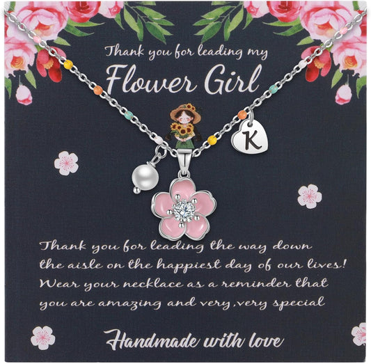 DS Flower Girl Necklace Gifts |Heart Initial Letter Flower Necklaces with Pearl Charm for Women | Personalized Wedding Proposal Bridal Shower Party Jewelry Gift | 18K Gold Plated Stainless Steel