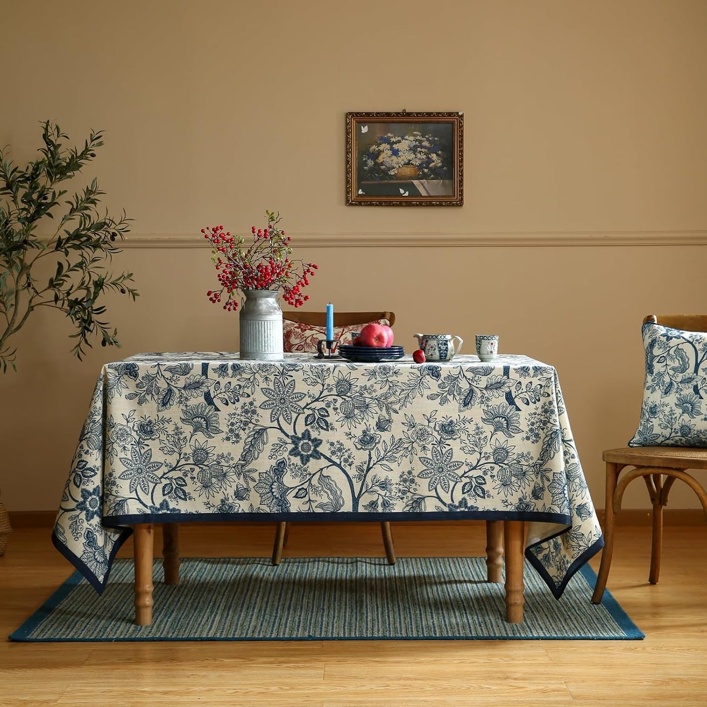 ISAENNE Designer French Linen Square Tablecloth,Blue Floral Washable Indoor Table Cloth,Durable Home Decor Tablecloths for Dining Thanksgiving Kitchen Tea Party Christmas,67"*67"-Ruyi B