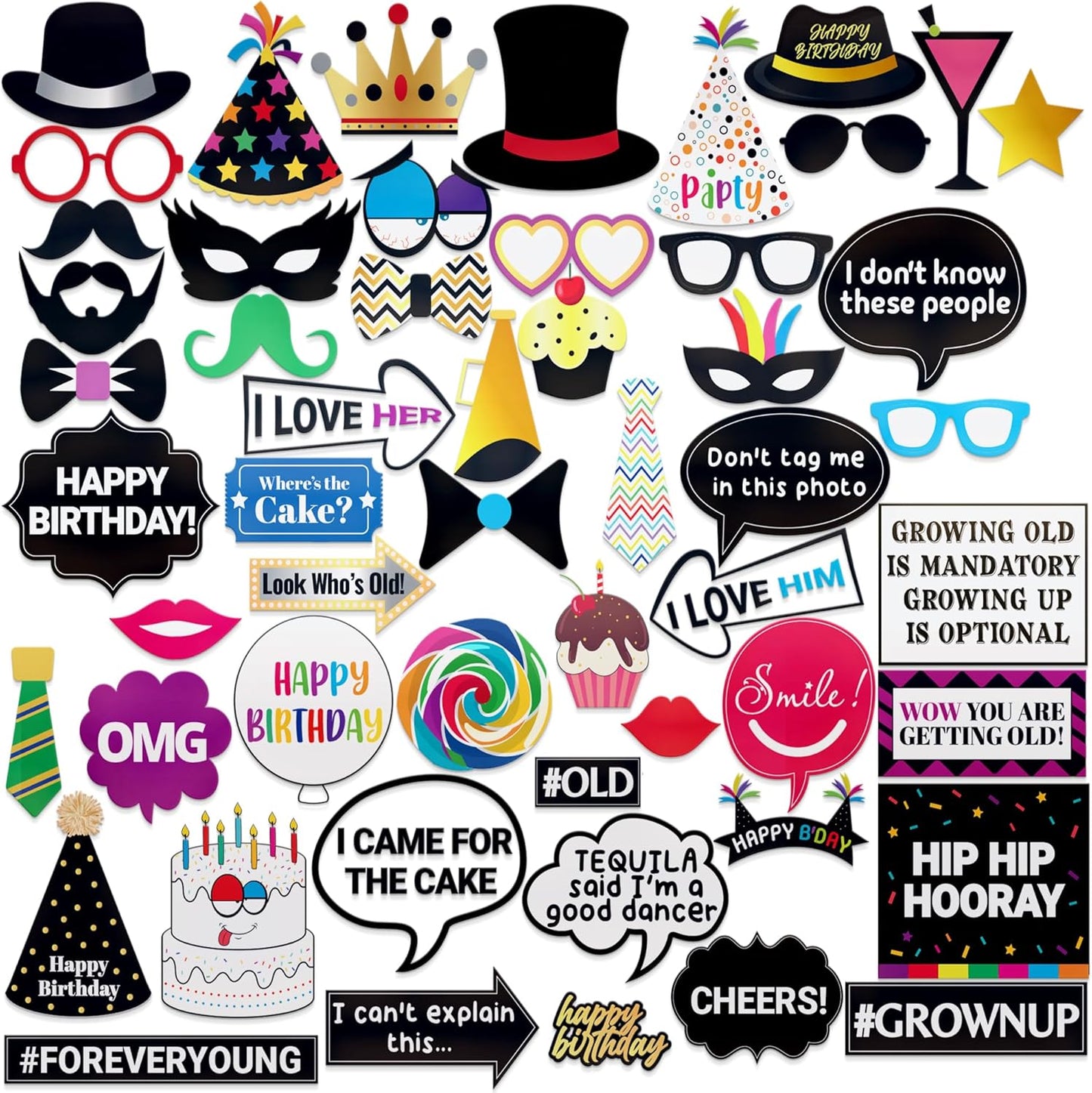 Premium Birthday Photo Booth Props Kit - 54 pc, Multicolored - Happy Birthday Party Fun Photobooth Selfie Accessories - for Adults & Kids - Funny Photoshoot w/Friends - by PixiPy