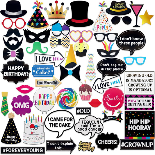 Premium Birthday Photo Booth Props Kit - 54 pc, Multicolored - Happy Birthday Party Fun Photobooth Selfie Accessories - for Adults & Kids - Funny Photoshoot w/Friends - by PixiPy