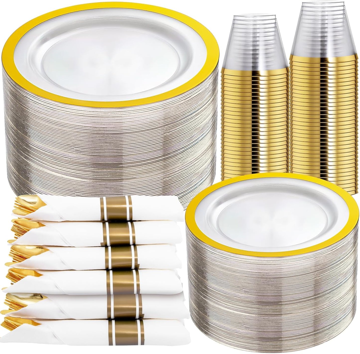 I00000 350 Pcs Clear and Gold Plastic Plates, Gold Disposable Plates, Include 50 Dinner Plates 10.25'', 50 Dessert Plates 7.5'', 50 Cups 9 OZ, 50 Pre Rolled Napkins with Cutlery