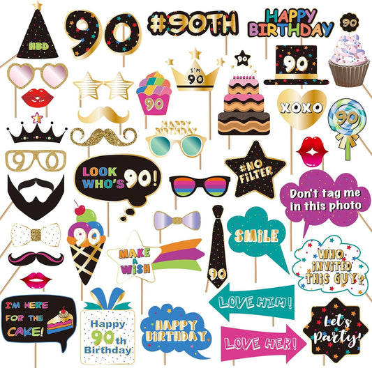 BRT Bearingshui 90th Birthday Party Photo Booth Props Accessories, 90th Happy Birthday Party Decorations Supplies Favors