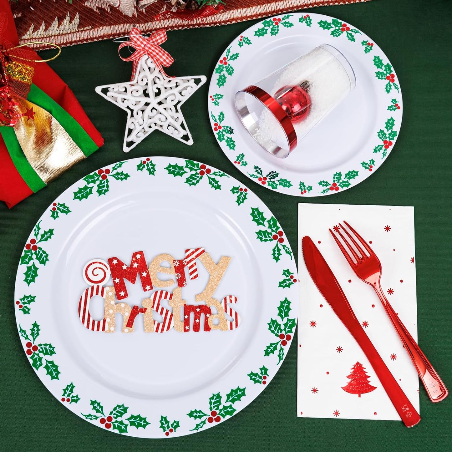 WDF 350pcs Christmas Plates and Napkins Set - Exquisite Holly Design - Christmas Dinnerware Set of 50 Plastic Plates 50 Red Silverware Set&Cups& Napkins
