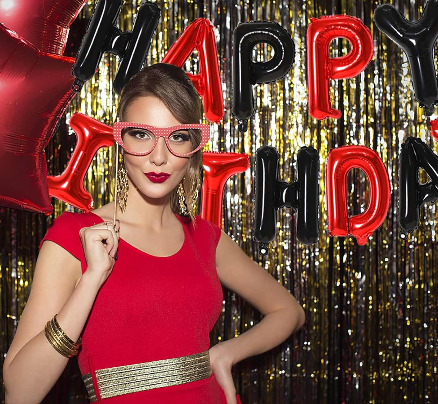 KALOR Red Happy Birthday Balloons Banner,16 Inch Mylar Foil Letters Sign Banner for Women & Girls Birthday Decorations for Photo Backdrop