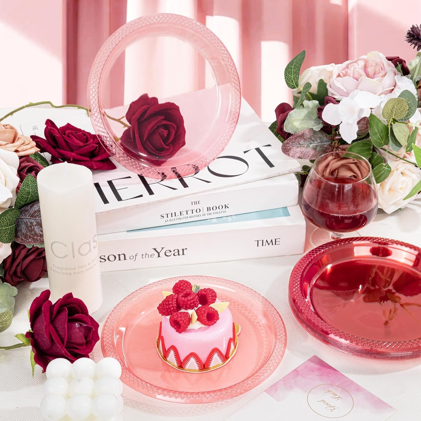 WELLIFE Neon Red Party Plates 7 Inch -150 Count, Translucent Red Plastic Disposable Dessert Neon Plates for Fluorescent Neon Theme Party Cake Salad Appetizers Easter Mother's Day