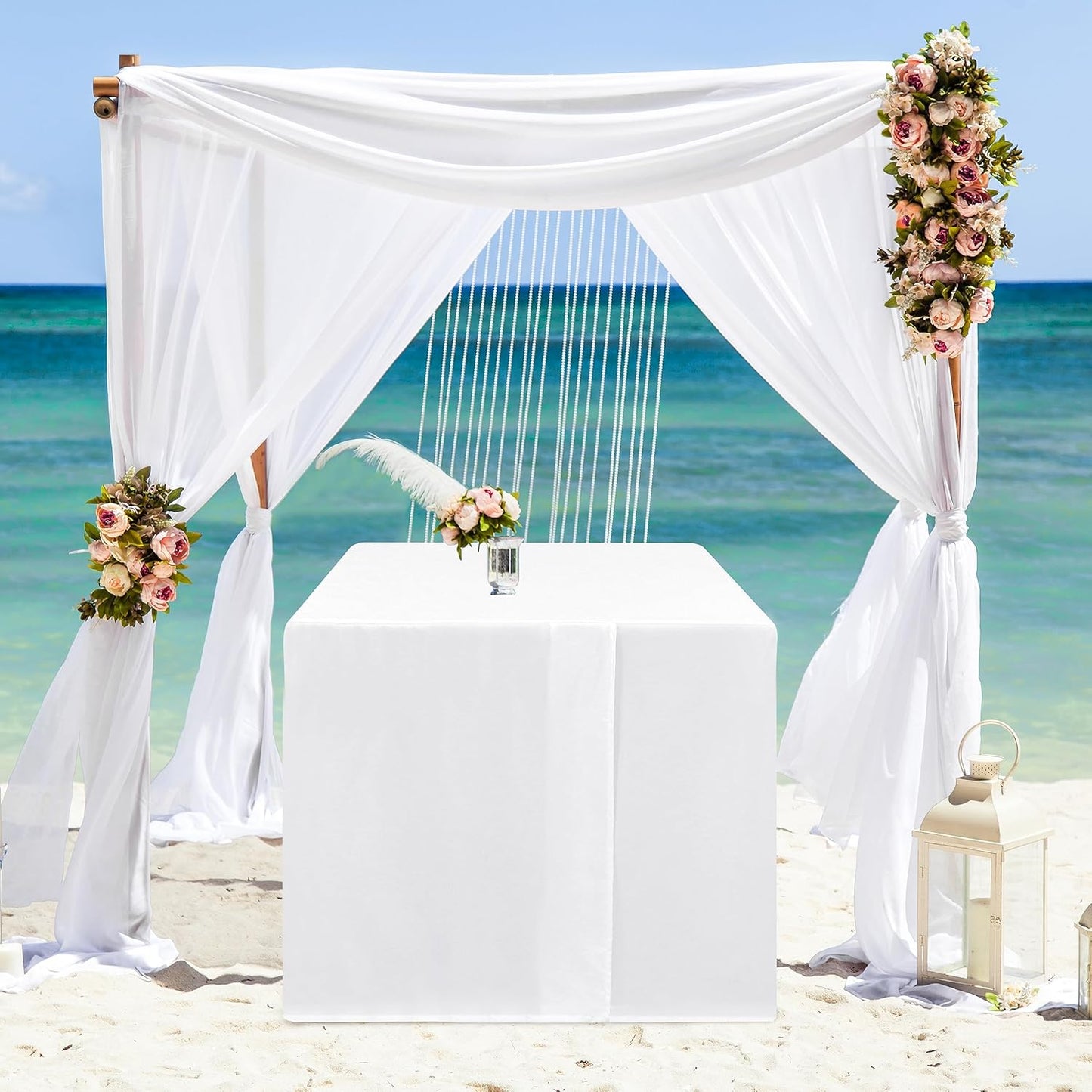 HolidayIdeas 2 Pack Square Fitted Table Covers - 34 x 34 Inch - White Fabric Washable Tablecloth Protectors for Folding Table, Parties, Wedding, Trade Show, Dining