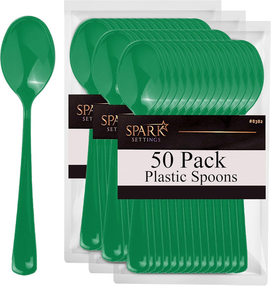 Green Disposable Plastic Spoons - Heavy Duty Silverware, Ideal for Hot & Cold Food, Perfect for Home, Office, School, Parties & Weddings - 50 Pack