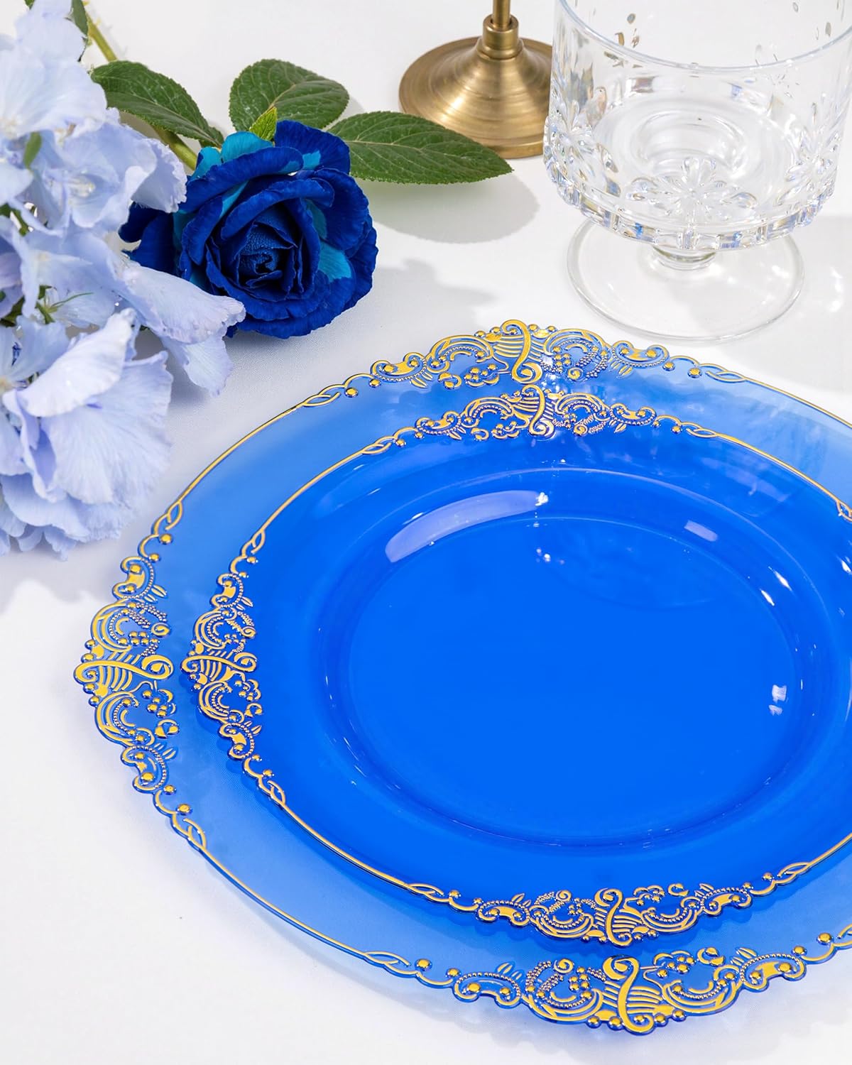 Nervure 175PCS Blue Plastic Plates - Disposable Blue Gold Party Plates & Pre Rolled Napkins with Cutlery for 25 Guests, 50Plates, 75Silverware, 25Cups, 25Napkin for Wedding & Party & Independence Day