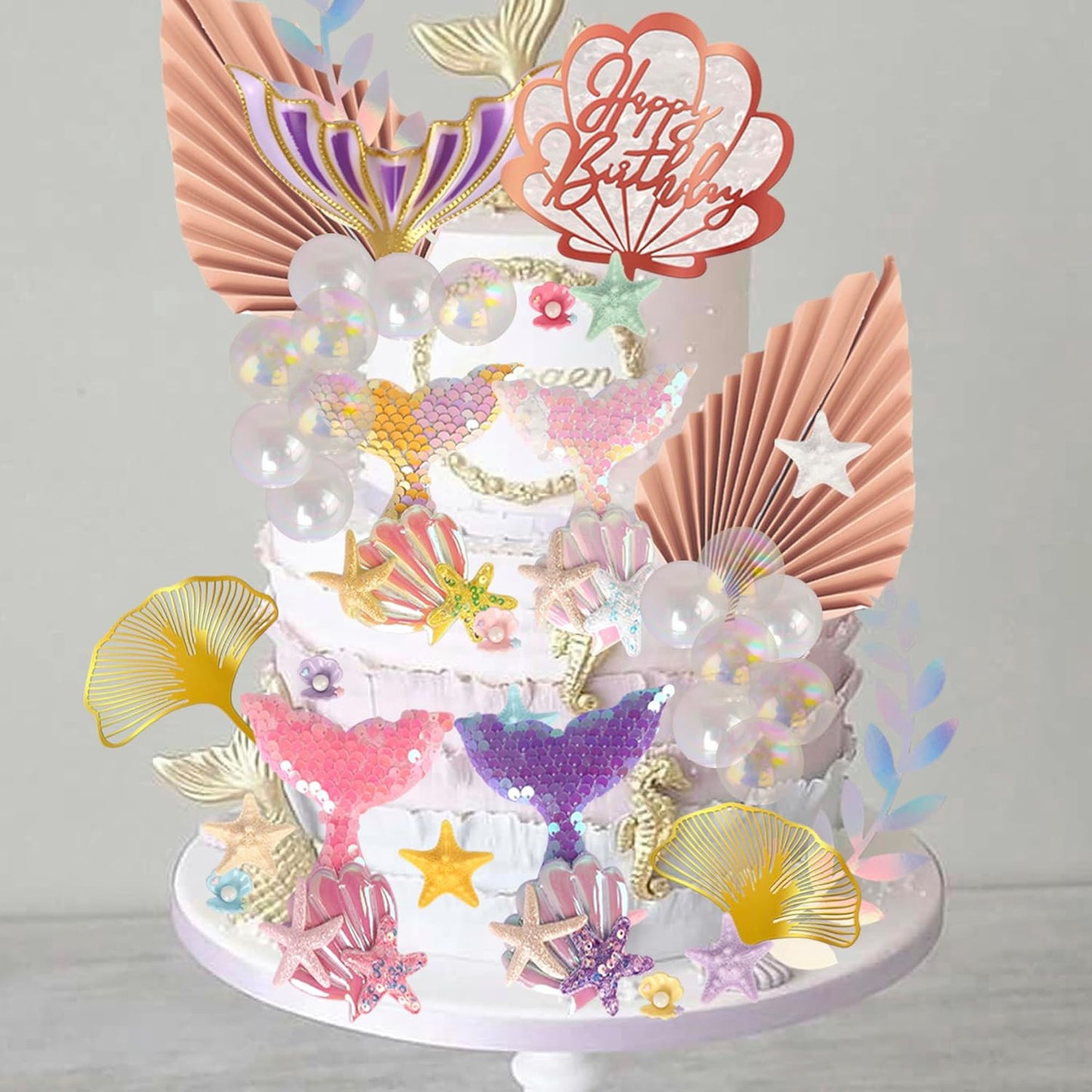 Rsstarxi 30 Pack Mermaid Theme Cake Decoration Shell Starfish Bubble Mermaid Cake Pick Decoration for Under the Sea Theme Girls Birthday Party Cake Decorations