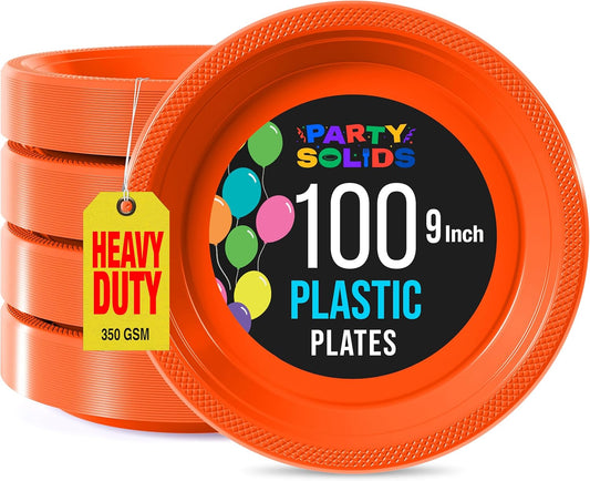 Exquisite Party Solids Orange Plastic Plates For Party 9" Orange Disposable Plates Heavy Duty 100 Pcs Plastic Dinnerware Sets Heavy Duty 350 GSM Disposable Dinnerware Set