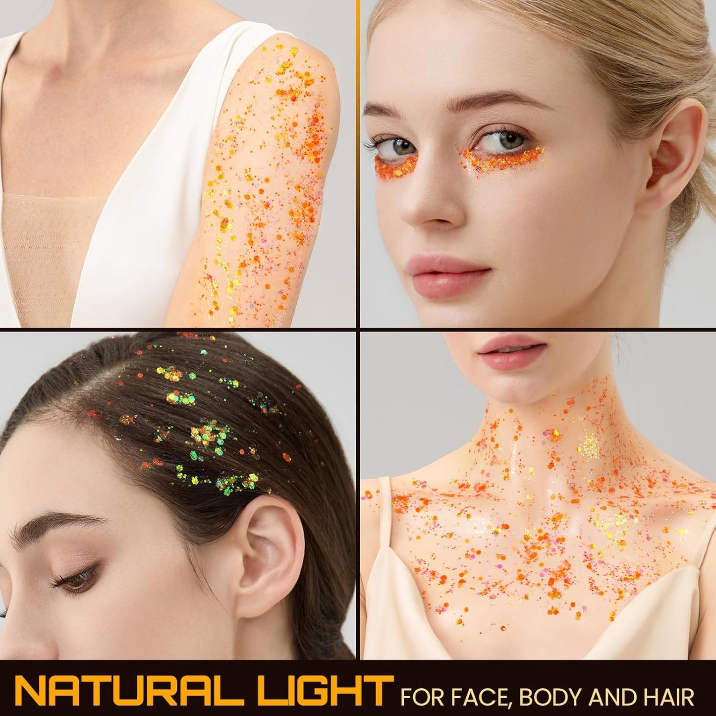 Teenitor Orange Glow in The Dark Glitter Gel, Orange Body Glitter Face Glitter for Halloween Makeup UV Black Light Festival Party Cheer Makeup