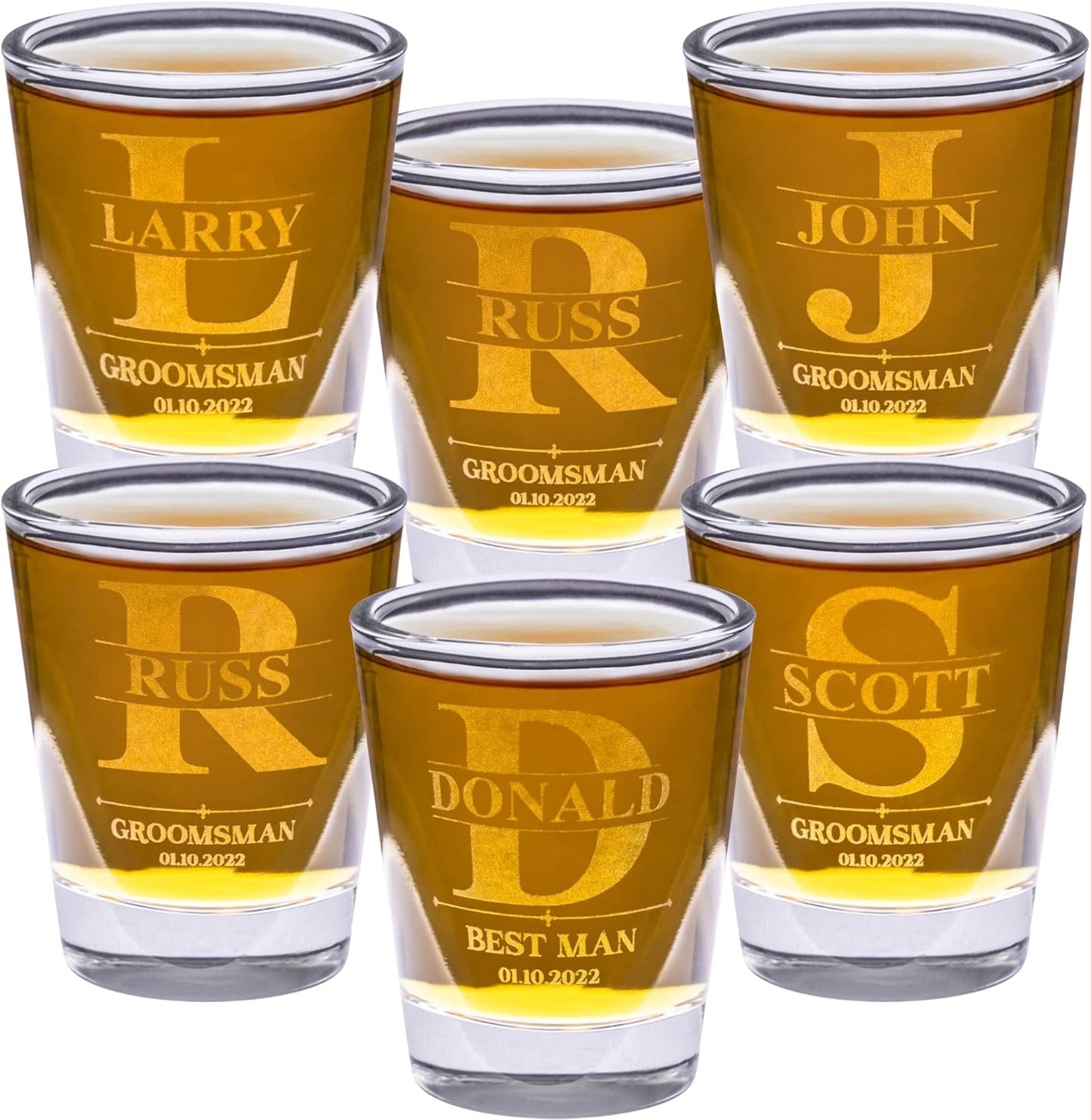 Gifts Inscribed Personalized Shot Glasses Set of 6 – Custom Engraved Groomsmen Glasses – Wedding, Bachelor Party, Drinking Gift for Men, Whiskey Vodka Tequila Shooters