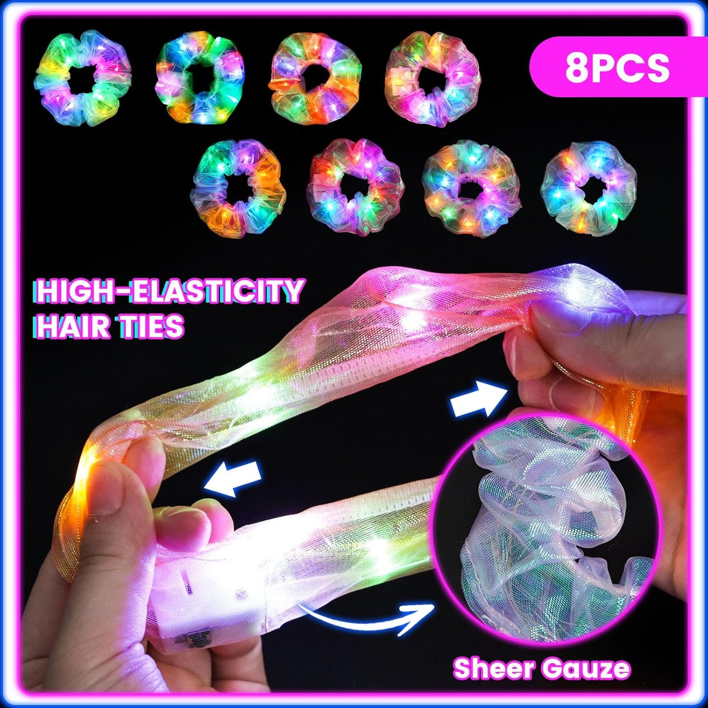 LovesTown 8PCS LED Scrunchies, Light up Scrunchies Hair Accessories Multi Light Modes Glow in the Dark Rave Outfits for Woman Girls Rave Party