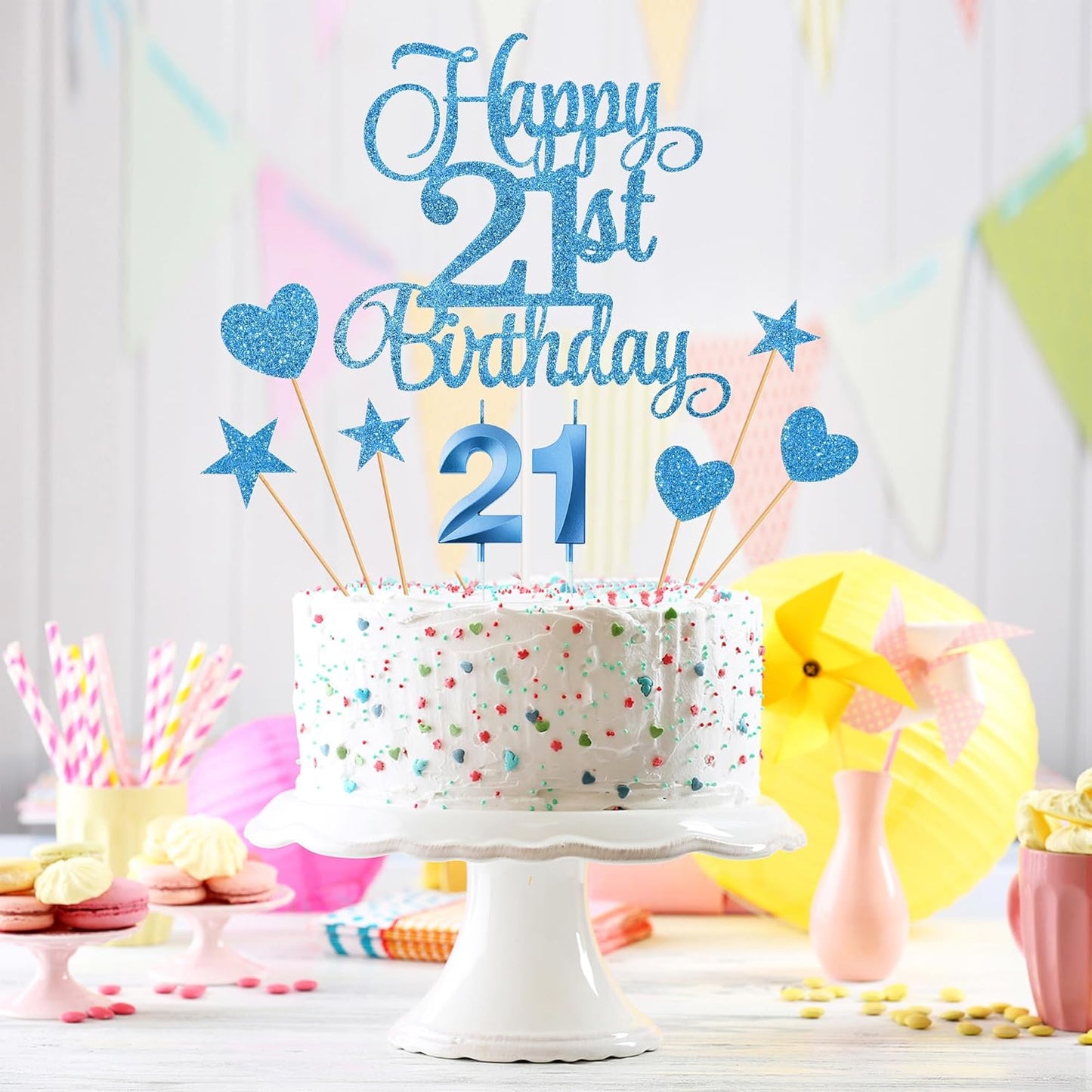 21st Birthday Cake Toppers, 21st Birthday Candles Numeral Candles and Glitter Cake Decorations Toppers Set for Party Supplies (Blue)