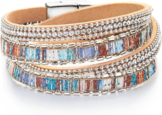 Fesciory Leather Wrap Bracelets for Women, Boho Leopard Multi-Layer Crystal Beads Cuff Bracelet Jewelry