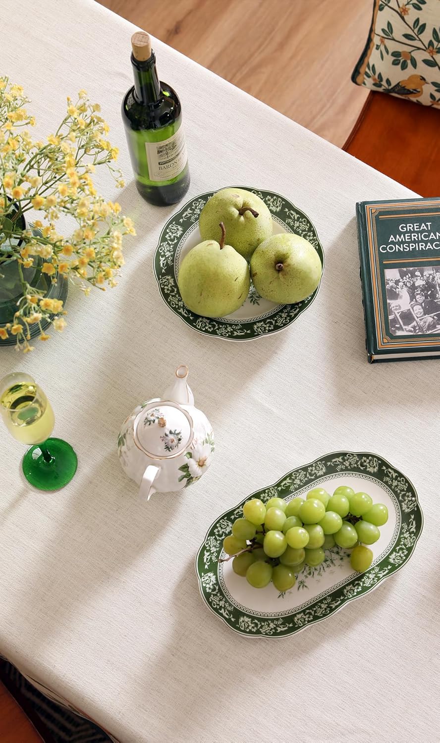 Beige Linen Rectangle Tablecloth,Vintage French Shabby Chic Floral Wrinkle Free Table Cloth,Decor Table Cover for Kitchen,Dining,Party,Home,Christmas,Thanksgiving,55"*79"-Manolya