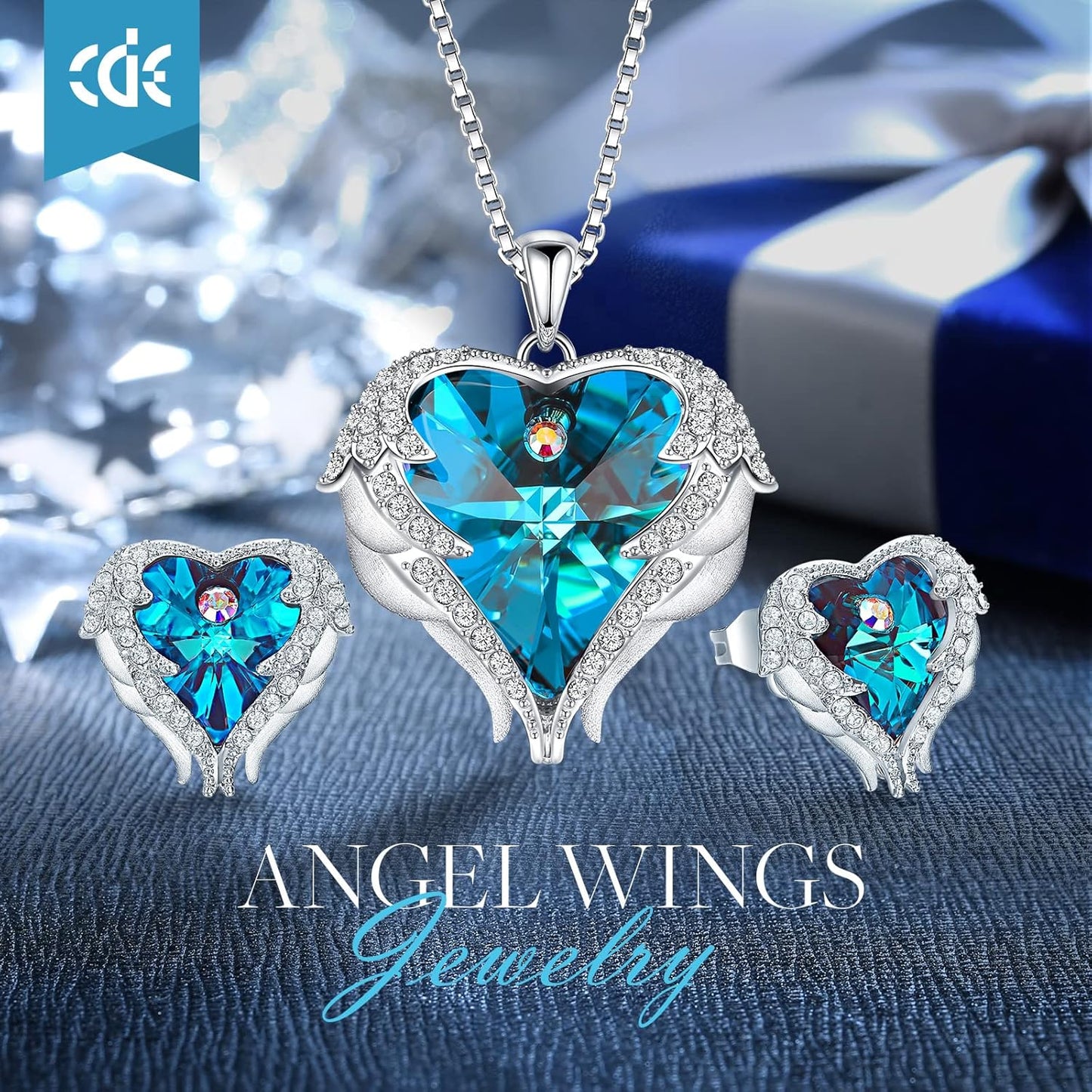 CDE Mothers Day Jewelry Set for Women, Angle Wing Heart Pendant Necklaces and Earrings with Birthstone， Birthday/Anniversary Christmas Jewelry Gift for Women Wife Her