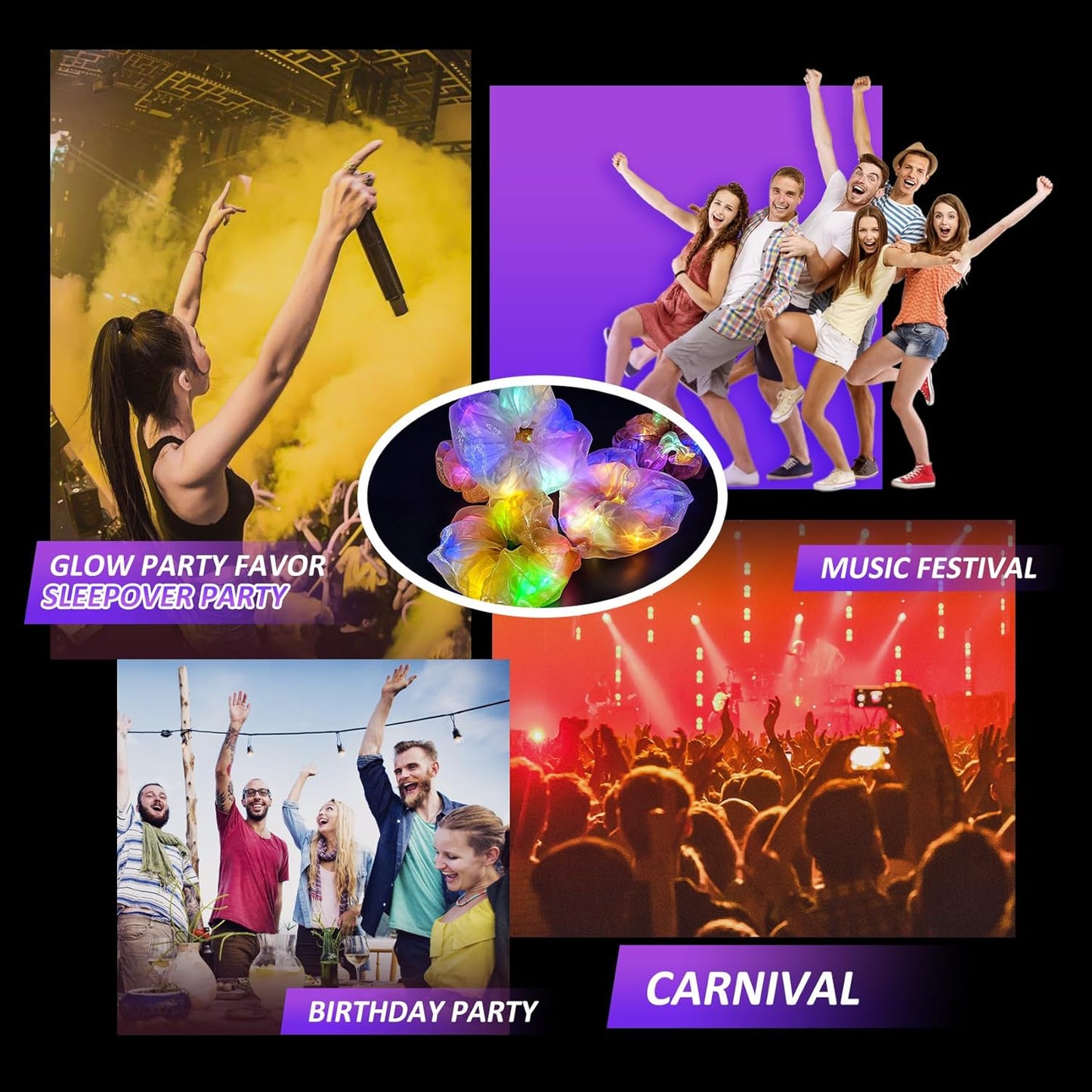 Light Up Scrunchies, Double-layer LED Hair Ties Glow in the Dark Party Supplies Glow Sticks Rave Accessories for Women Girls Neon Party, Fun Hair Accessories, Halloween Party Favor