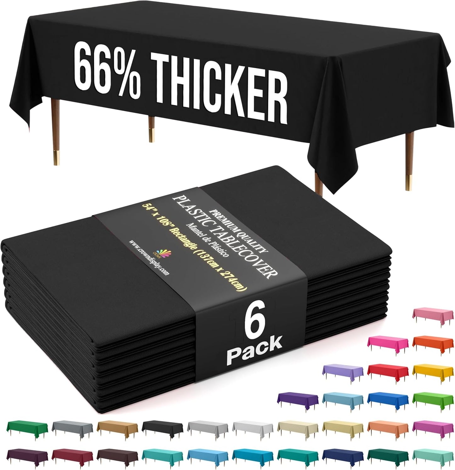 Party Solids 66% Thicker Premium Plastic Table Cloth Rectangle Table Cover 0.5 Mil 6 Pack Black Table Cloth 54 Inch x 108 Inch Disposable Tablecloth Won't Tear Easily Like Cheap Thin Brands