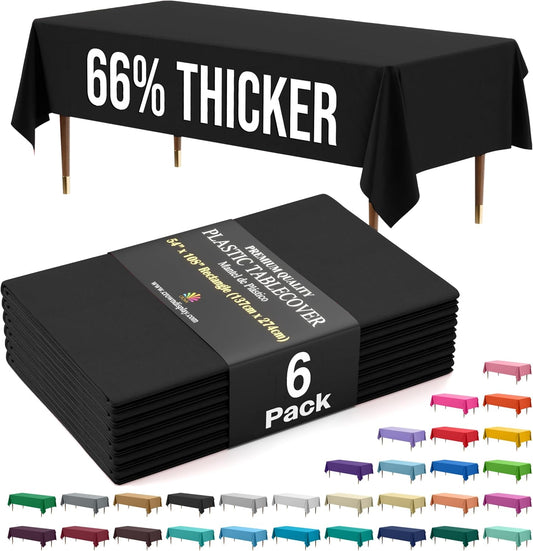 Party Solids 66% Thicker Premium Plastic Table Cloth Rectangle Table Cover 0.5 Mil 6 Pack Black Table Cloth 54 Inch x 108 Inch Disposable Tablecloth Won't Tear Easily Like Cheap Thin Brands