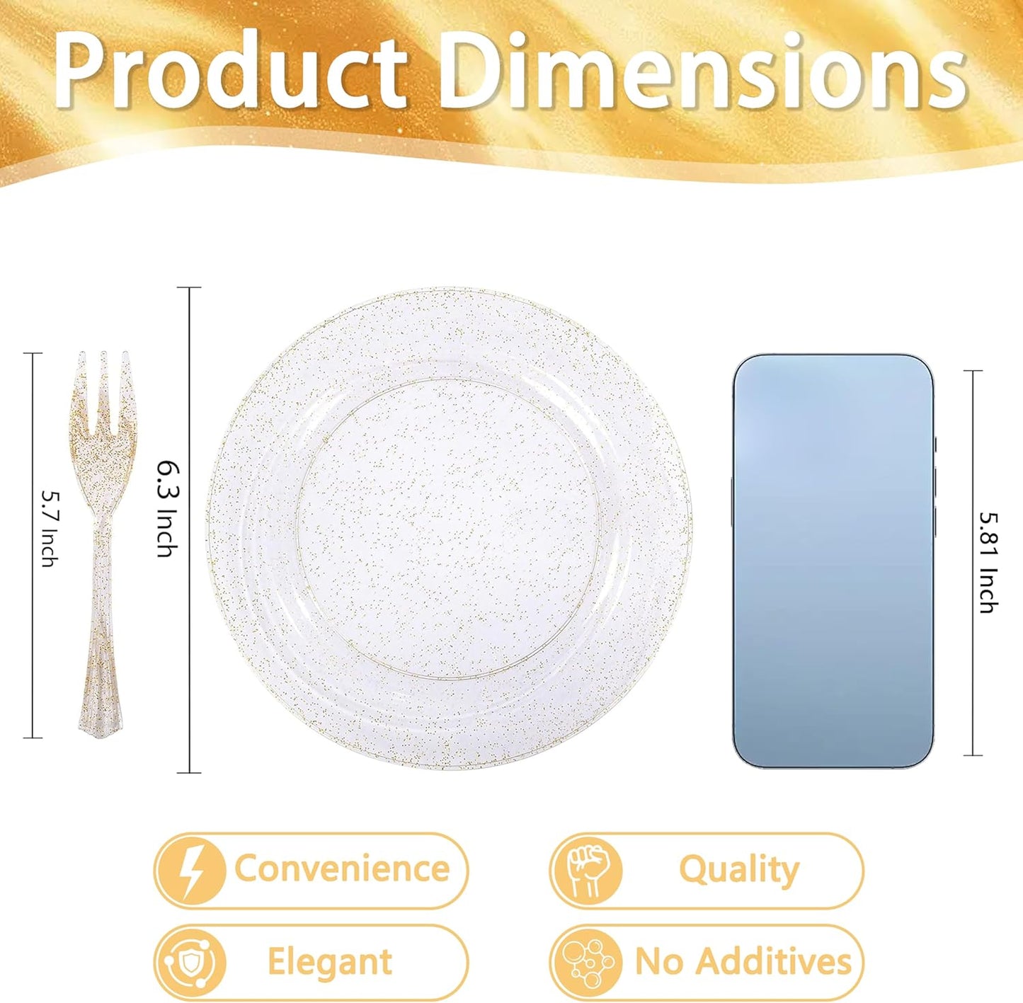 WELLIFE 60PCS Gold Glitter Dessert Plates and 60PCS Plastic Forks, 6.3 inch Disposable Dessert Plates for 60 Guests, Durable Gold Glitter Cake Plate, Perfect for Party