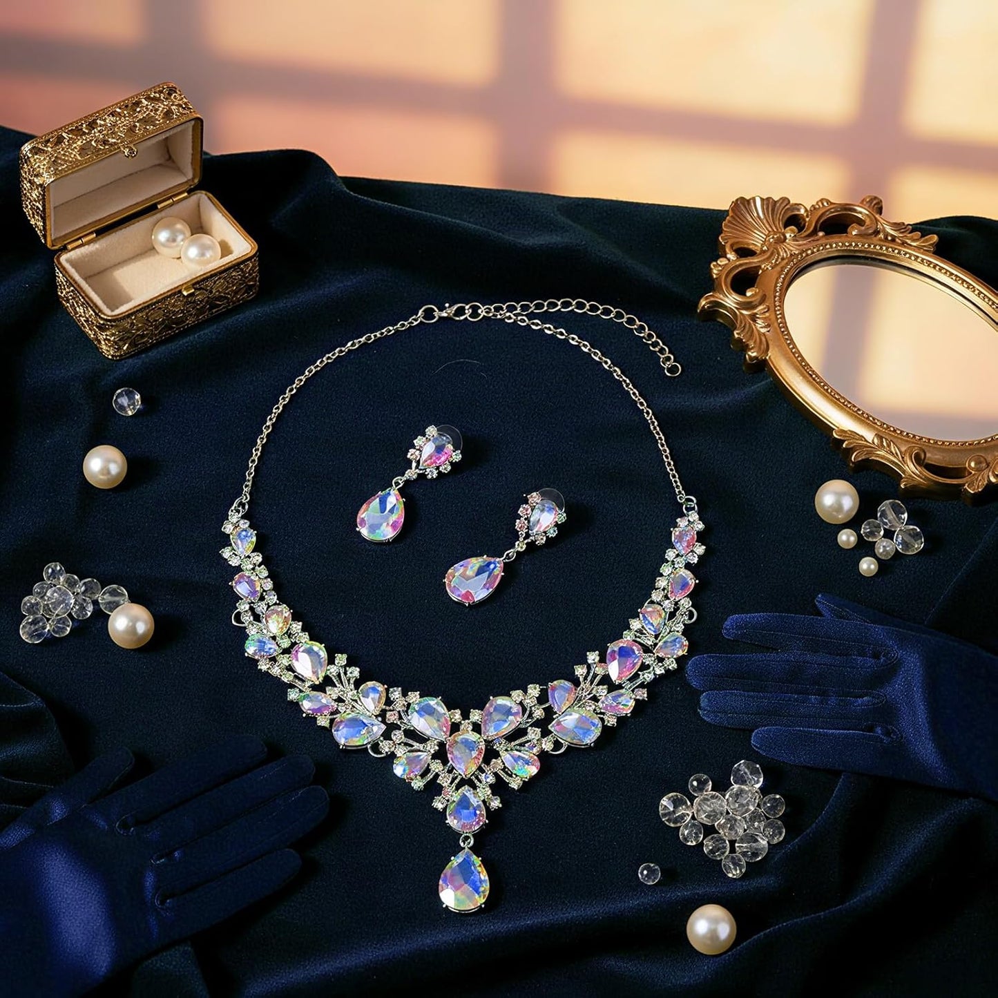 Hicarer Bridal Teardrop Cluster Crystal Jewelry Set for Women Necklace Earrings Wedding