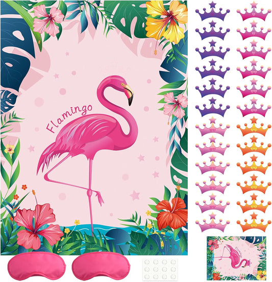 NEBURORA Pin The Crown on The Flamingo Party Game with 24 Crowns Stickers for Kids Flamingo Theme Party and Birthday Hawaiian Luau Party Supplies