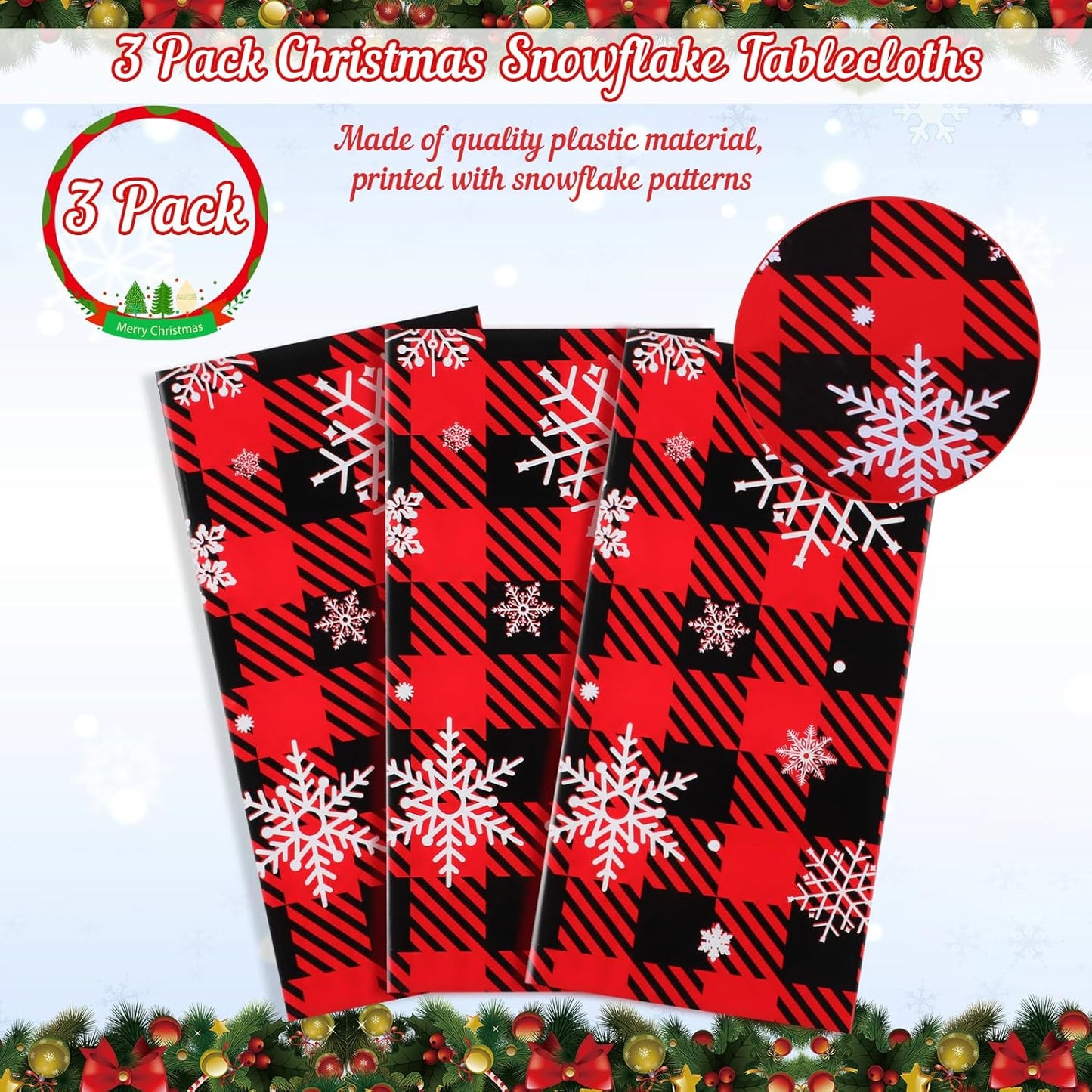 3 Pack Christmas Buffalo Plaid Snowflake Tablecloths, 54 x 108 inch Winter Snowflake Plastic Table Cloth Disposable Rectangle Table Cover for Christmas New Year Holiday Party