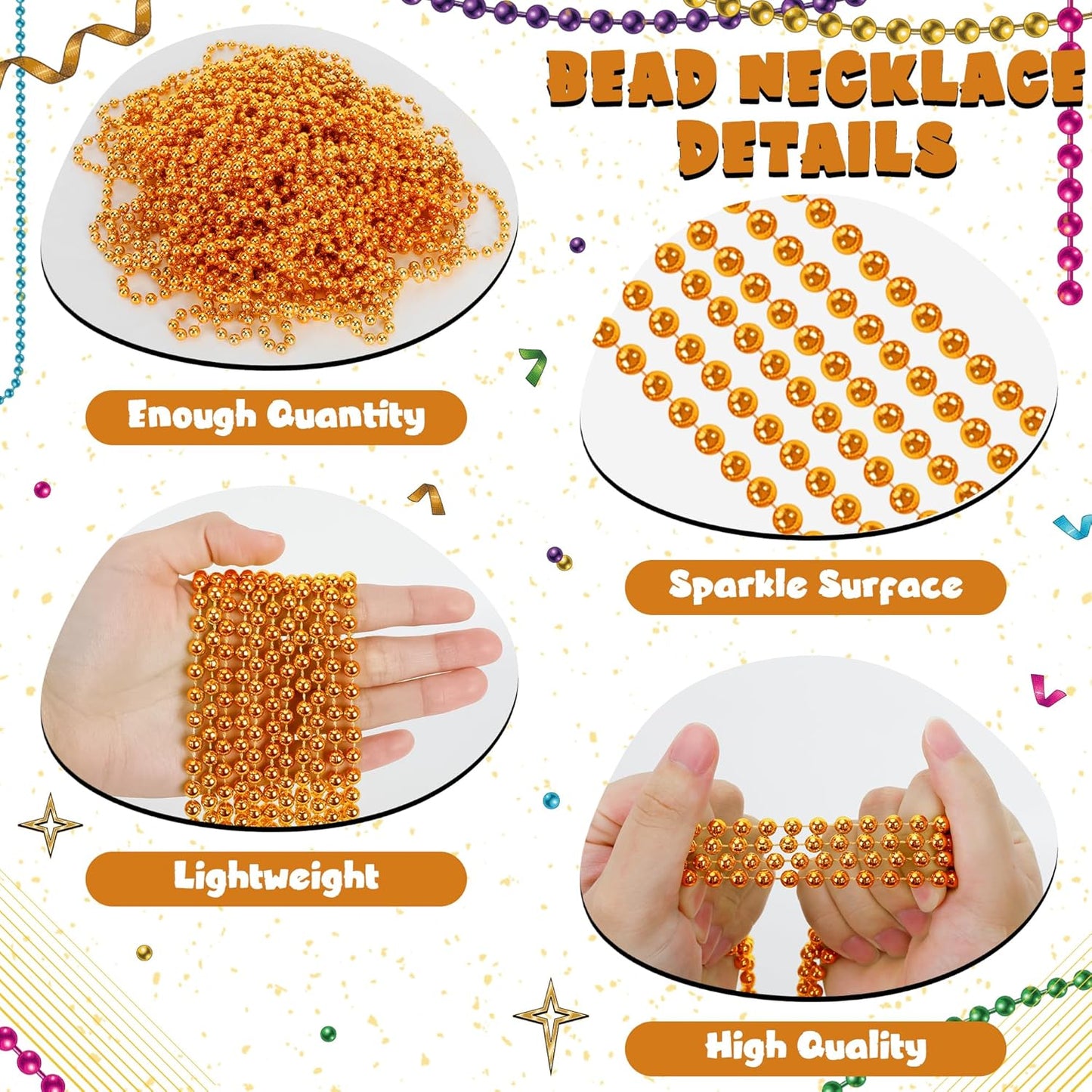 12 PCS Beaded Necklace, 33" Orange Mardi Gras Beads Necklaces Bulk, Mardi Gras Throws Accessory Set, Mardi Gras Beaded Stuff Set, Round Costume Bead Necklace for Carnival Festival Party Favors