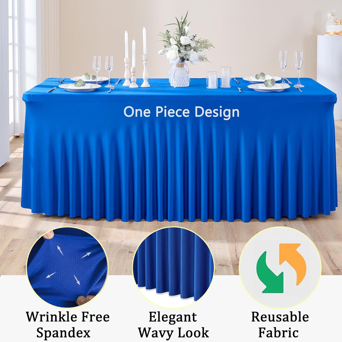 4 Pack Spandex Royal Blue Tablecloths for 8 Foot Rectangle Tables, Wrinkle Free Fitted Table Cloth 8ft Blue Stretchy Tablecover Skirt for Parties Weddings Birthday Banquet Baby Shower